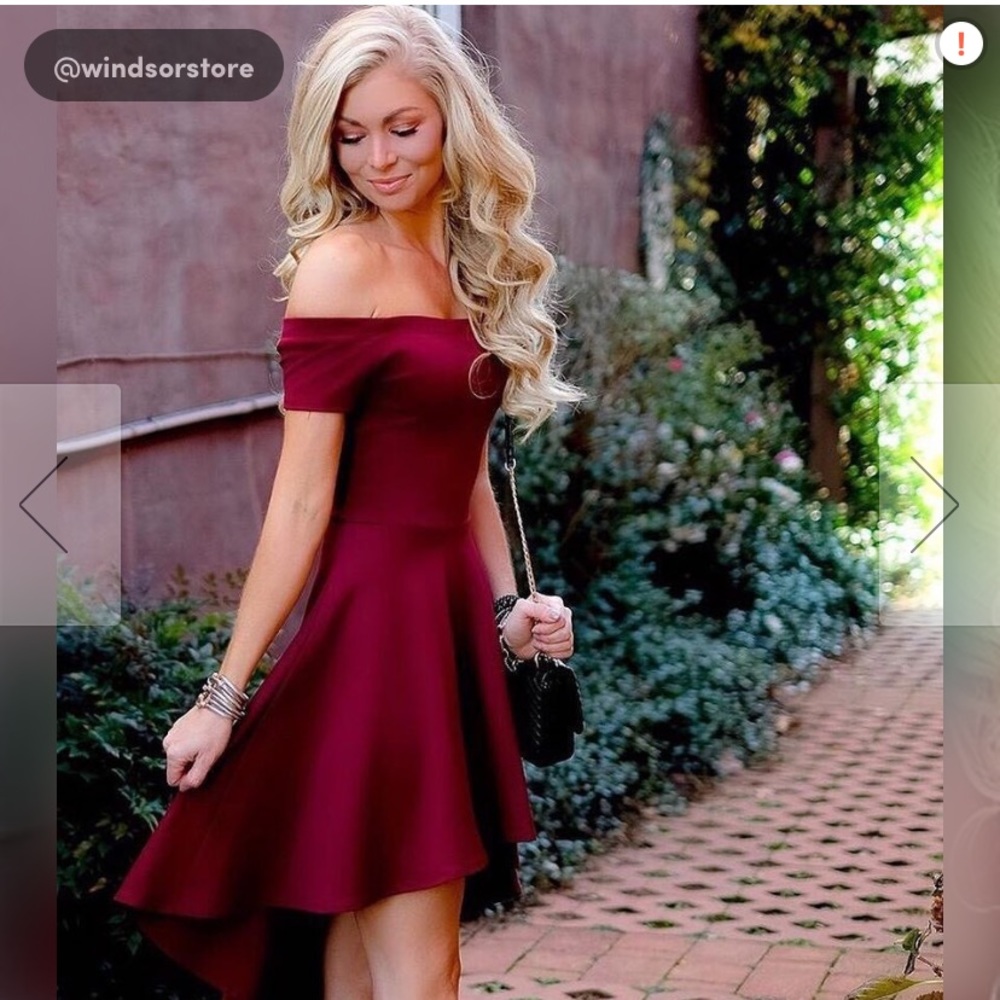 Windsor off the shoulder high low burgundy dress